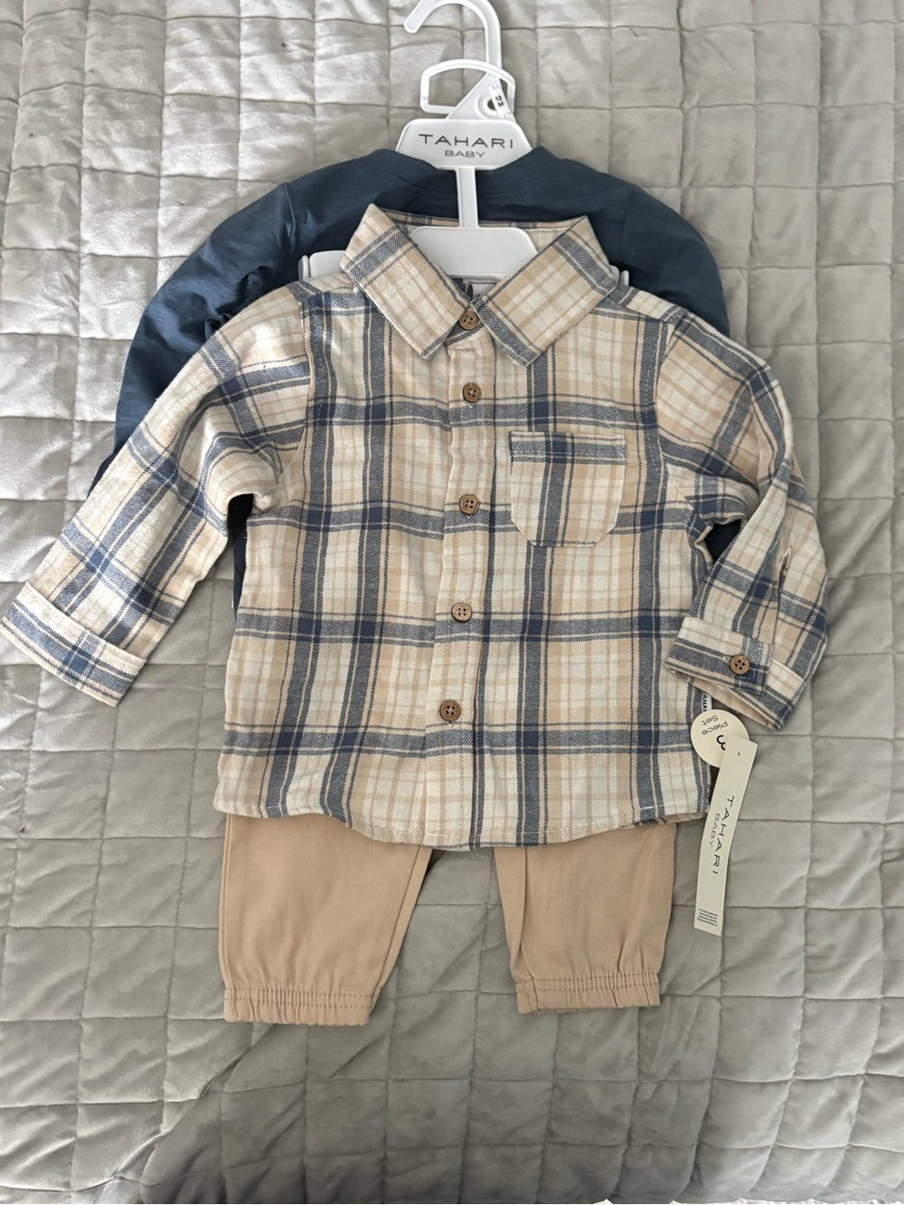 Tahari Baby Plaid Button-Up Set in Beige and Blue 12M
